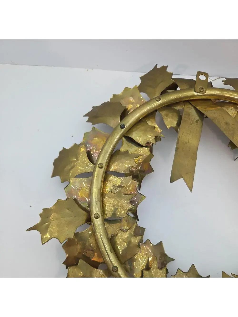 Vintage 1970s Solid Brass Christmas Wreath 15” Montgomery Ward Holly Decor